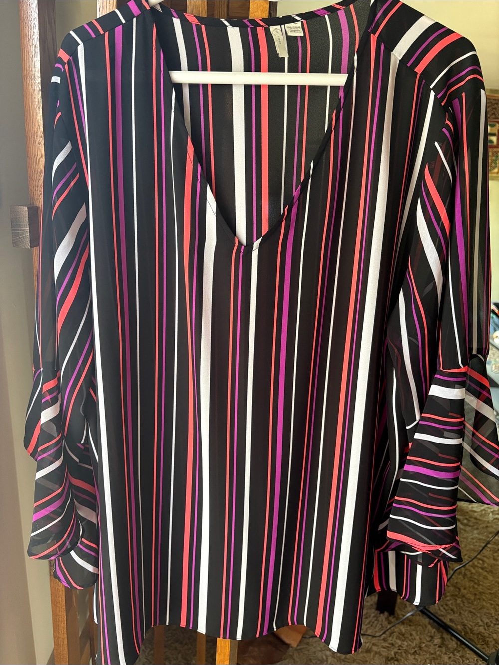 Striped V-Neck Tunic Top in Black with Pink & White Stripes